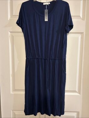 This Is A Navy Blue Levaca T-Shirt Dress w/Drawstring Waist & Side Pockets